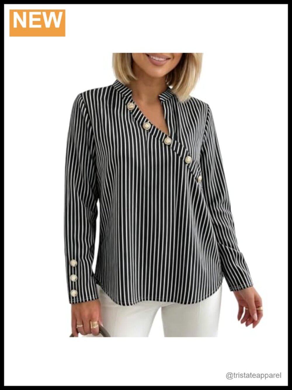 Striped Asymmetrical Long Sleeve Blouse Slim Fit V-Neck